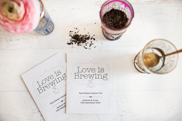 ‘Love is Brewing’ Personalised Tea Packet Favour