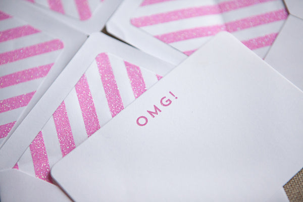 Set of 6 'OMG!’ Pink Glitter Notecards