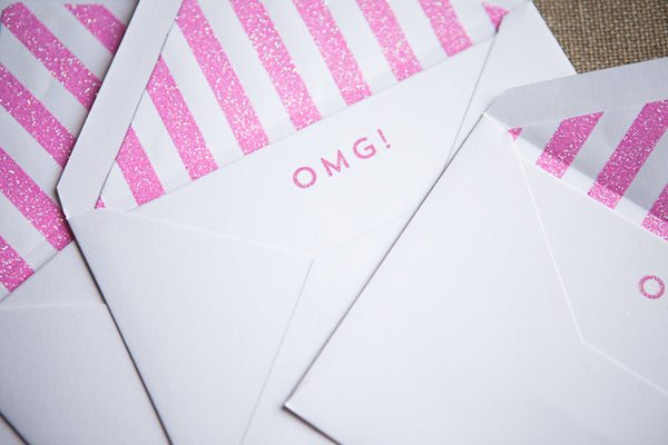 Set of 6 'OMG!’ Pink Glitter Notecards