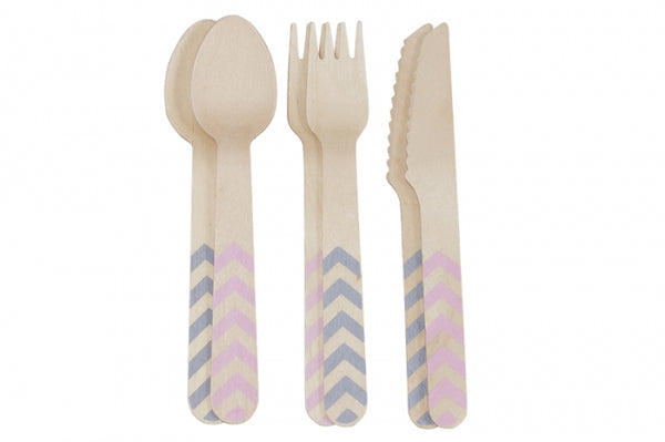Pink & Grey Chevron Wooden Cutlery Set