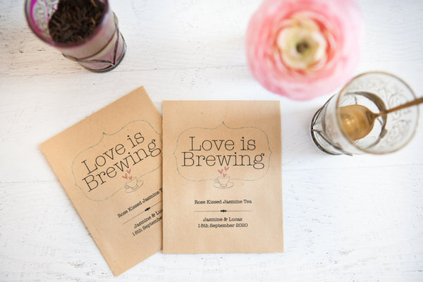 ‘Love is Brewing’ Personalised Tea Packet Favour