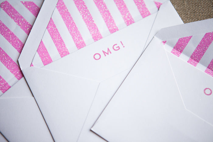 Set of 6 'OMG!’ Pink Glitter Notecards