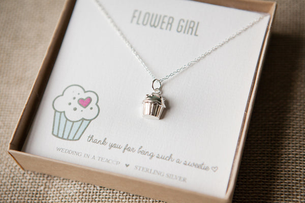 Flower Girl Silver Cupcake Necklace